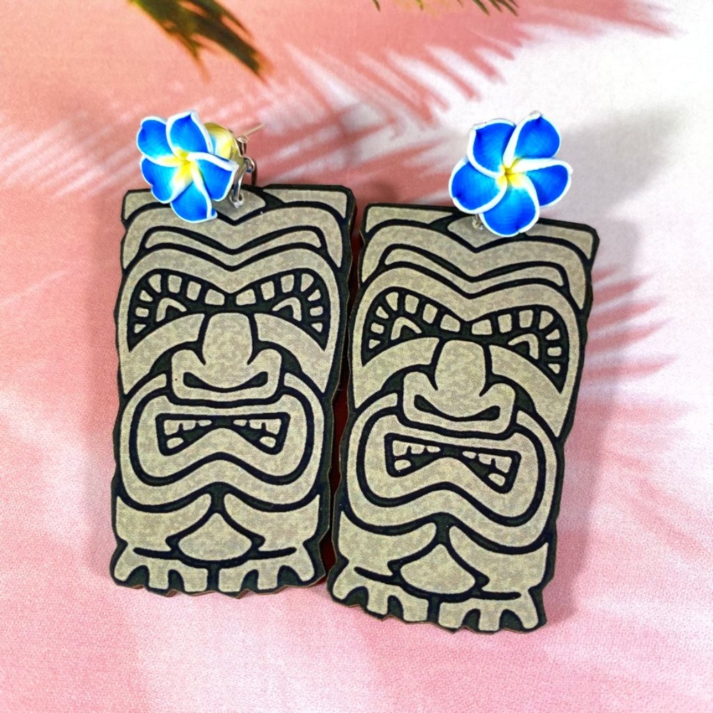 Ooak Handmade Tropical Tiki Earrings With Blue Plumeria